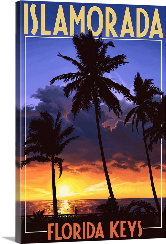 A retro stylized art poster of three silhouetted palm trees on a beach at a sunset that illuminates billowing dramatic clo...