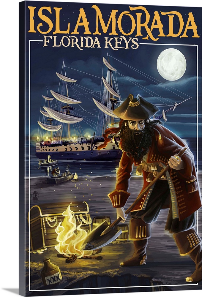 Stylized art poster showing a pirate digging for gold and a tall ship in the background.