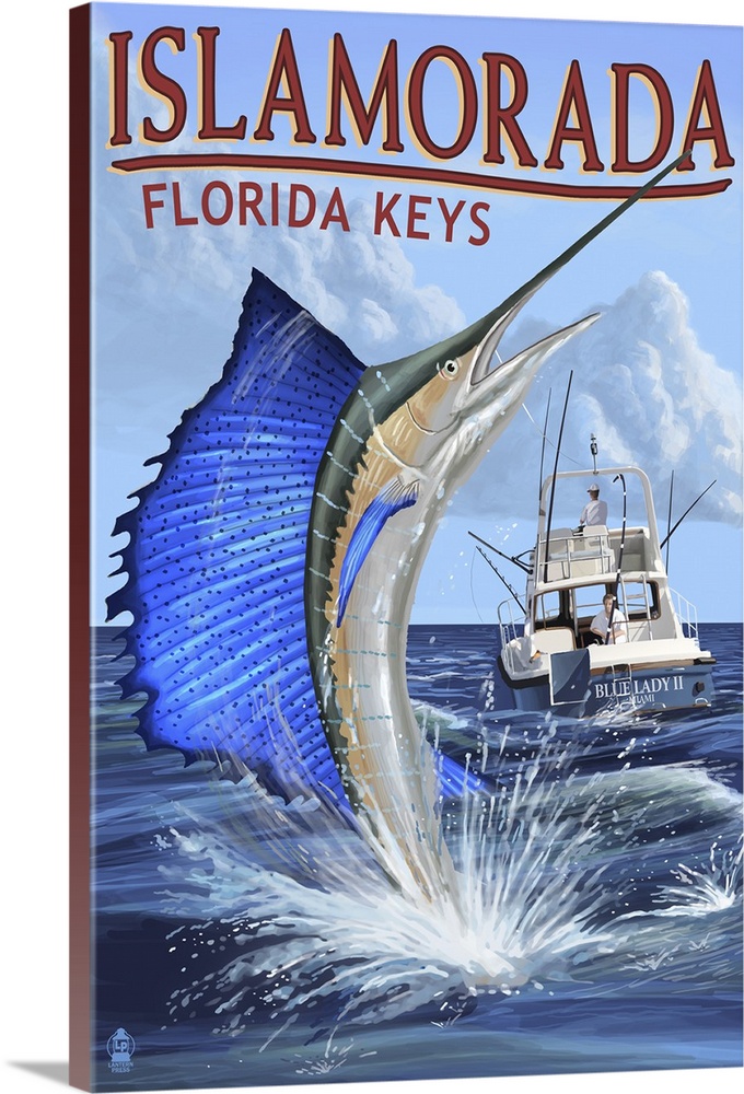 Retro stylized art poster of a large sailfish leaping out of the water in front of a deep sea fishing boat.