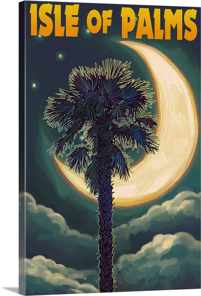 Isle of Palms, South Carolina - Palmetto Moon and Palm: Retro Travel Poster