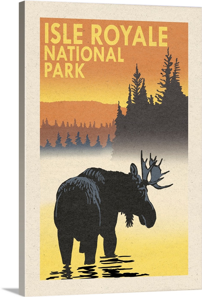 Isle Royale National Park, Moose Silhouette: Retro Travel Poster