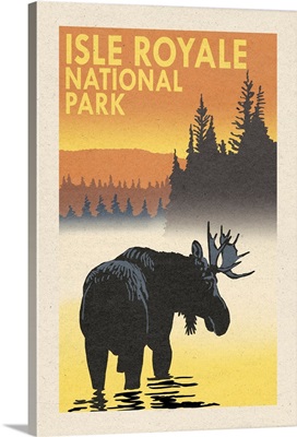 Isle Royale National Park, Moose Silhouette: Retro Travel Poster