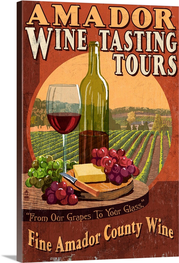 A stylized retro art poster of vineyards in the background and a small platter of grapes, cheese,  wine in a bottle, and g...