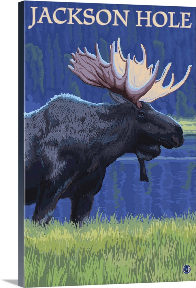 Jackson Hole, Wyoming - Moose at Night: Retro Travel Poster