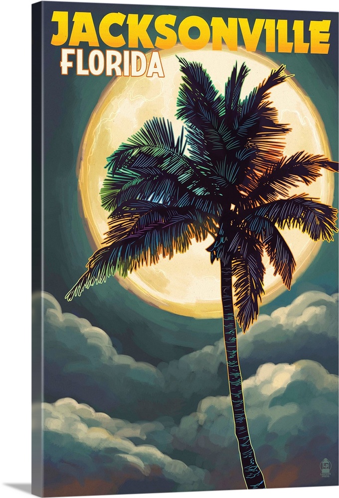Jacksonville, Florida - Palms and Moon: Retro Travel Poster
