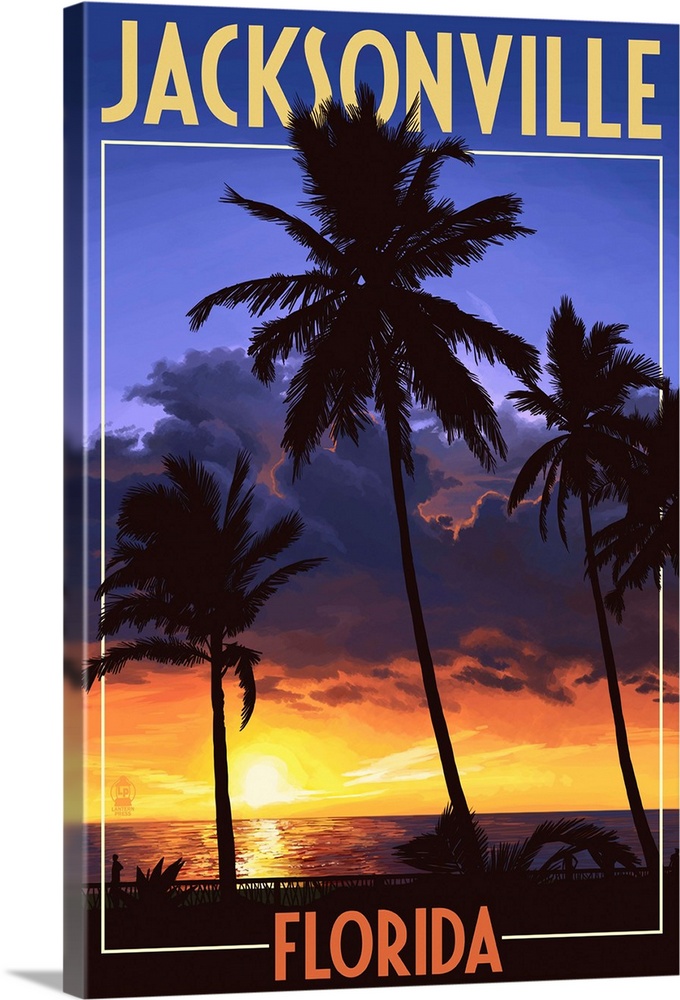 Jacksonville, Florida - Palms and Sunset: Retro Travel Poster