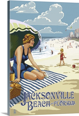 Jacksonville, Florida - Woman and Beach Scene: Retro Travel Poster