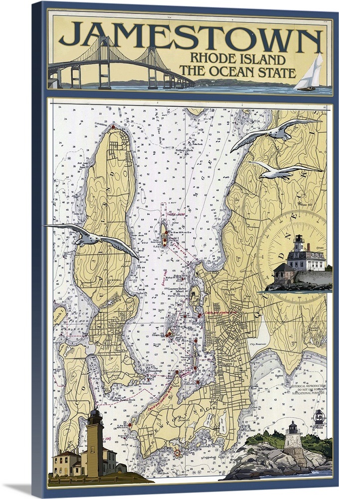 Jamestown, Rhode Island Nautical Chart Retro Travel Poster Wall Art