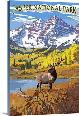 Jasper National Park, Moose In Field: Retro Travel Poster