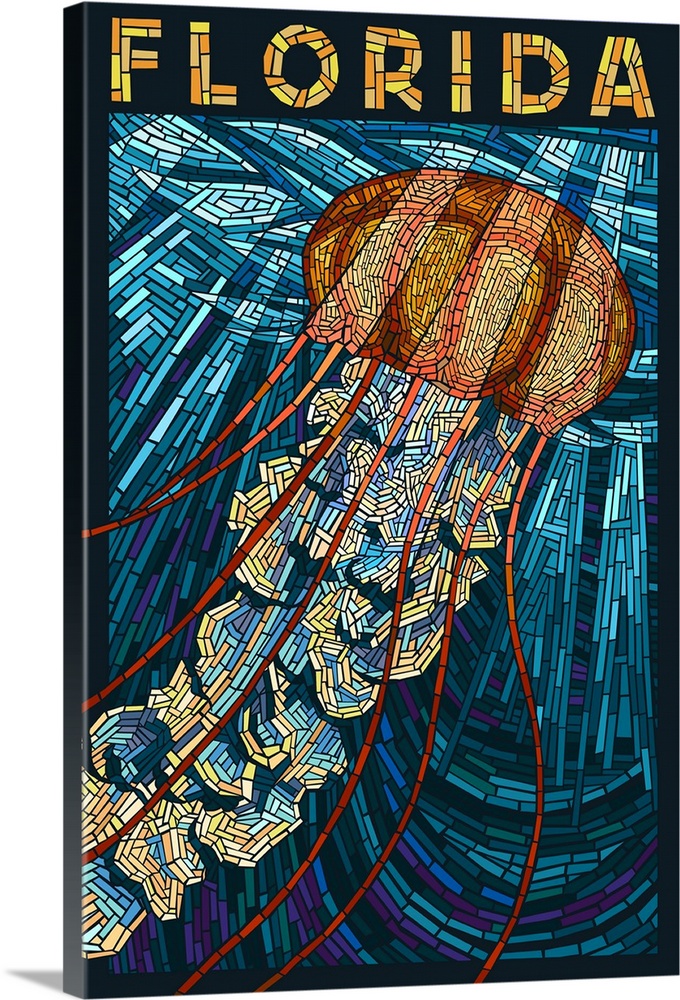 Jellyfish Paper Mosaic - Florida: Retro Travel Poster