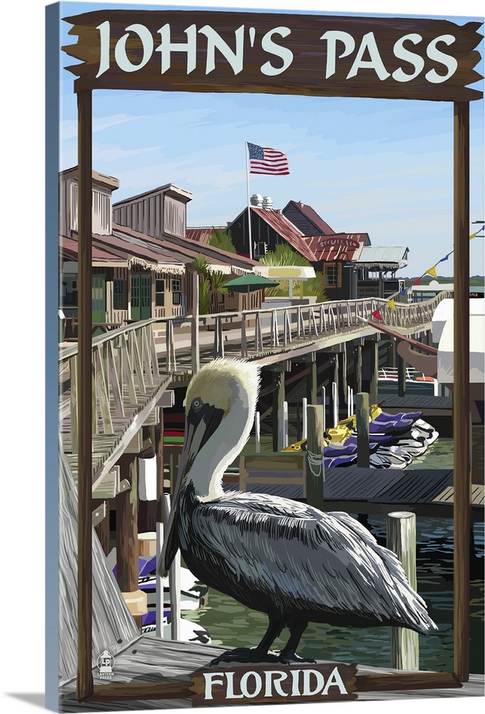 Retro stylized art poster of a pelican perched on the railing of a dock, with dockside huts in the background.