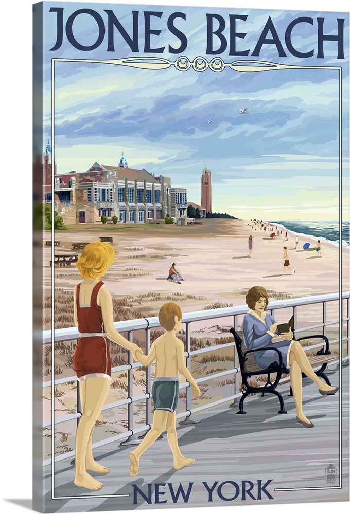 Retro stylized art poster of people on a boardwalk, with a beach and lighthouse in the background.