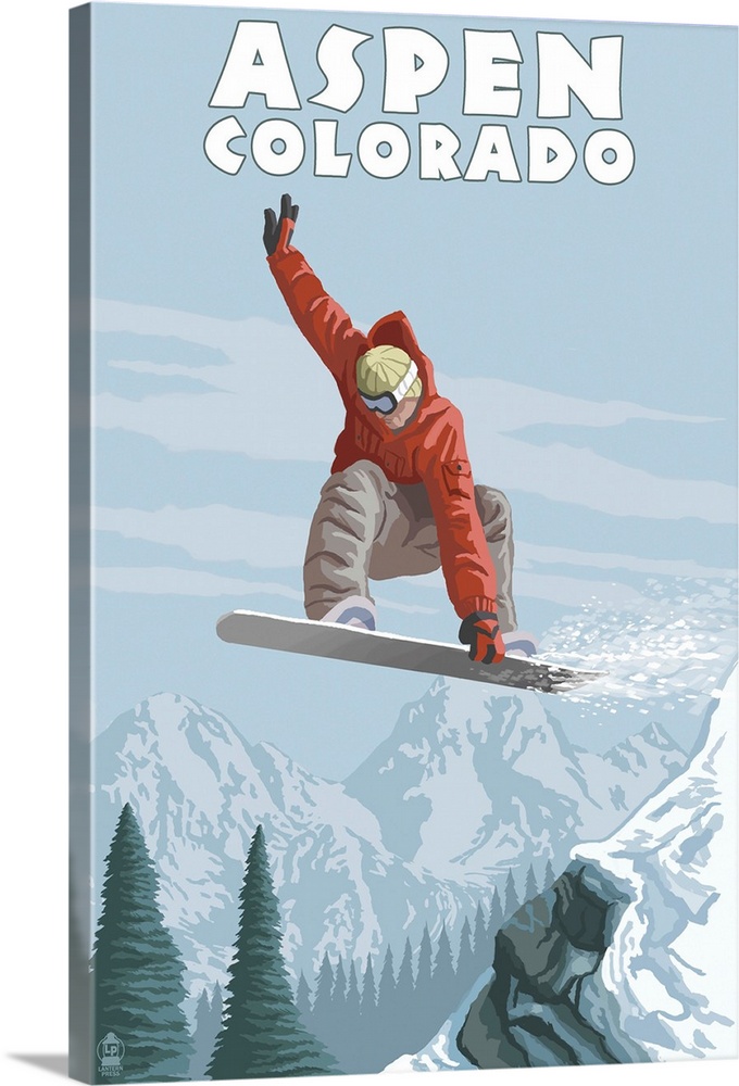 Jumping Snowboarder - Aspen, Colorado: Retro Travel Poster