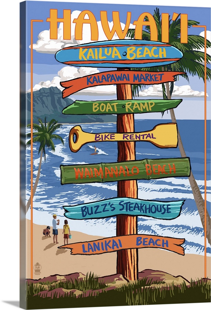 Kailua, Hawaii - Kailua Beach Sign Destination: Retro Travel Poster