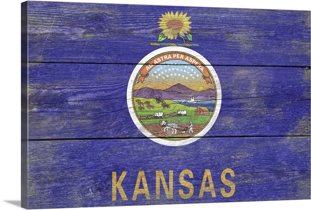 The flag of Kansas with a weathered wooden board effect.