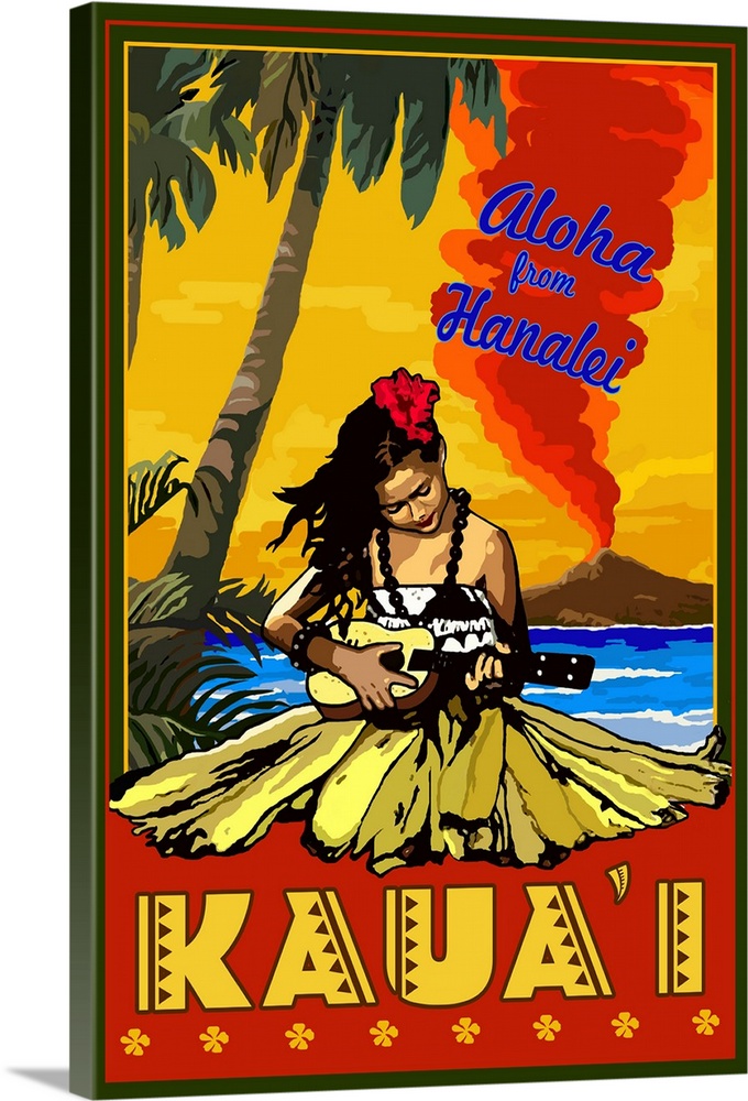 Kauai Hawaii Aloha From Hanalei Hula Girl And Ukulele Wall Art Canvas Prints Framed Prints