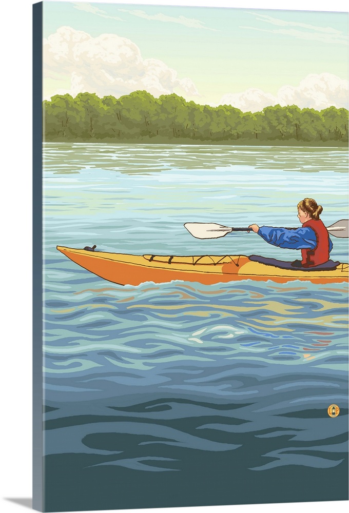Retro stylized art poster of a woman kayaking on a lake.