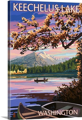 Keechelus Lake, Washington - Lake Scene at Dusk: Retro Travel Poster