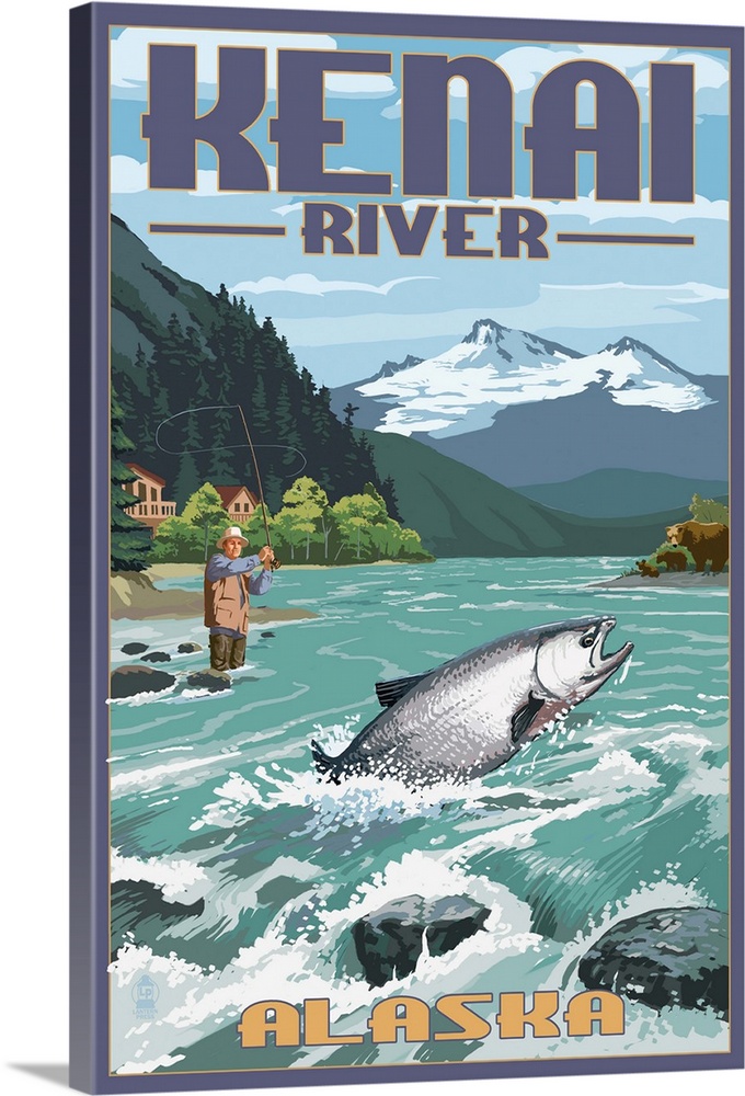 Retro stylized art poster of a fisherman catching a fish in a river.