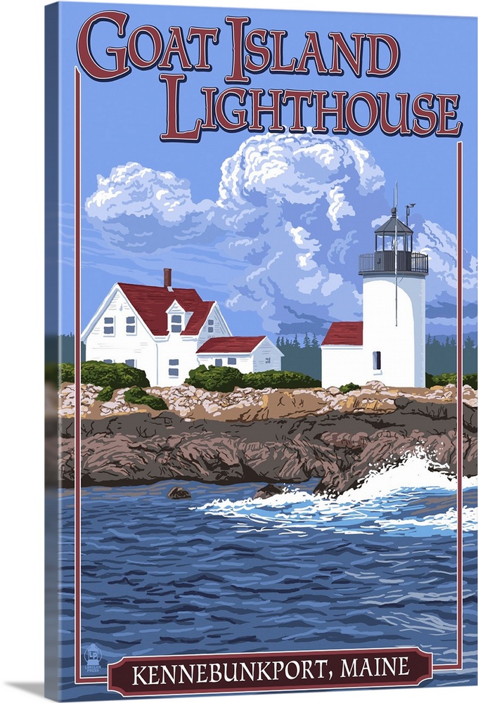 Retro stylized art poster of a lighthouse and coastal house near the waters edge. With a giant rolling clouds in the dista...