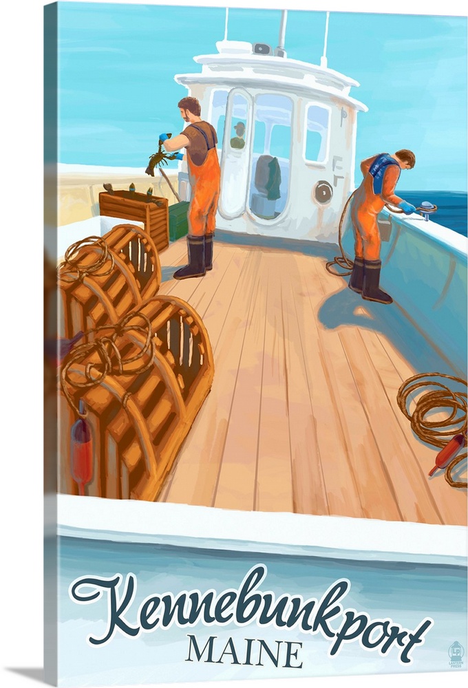 Retro stylized art poster of lobster fisherman on a boat.