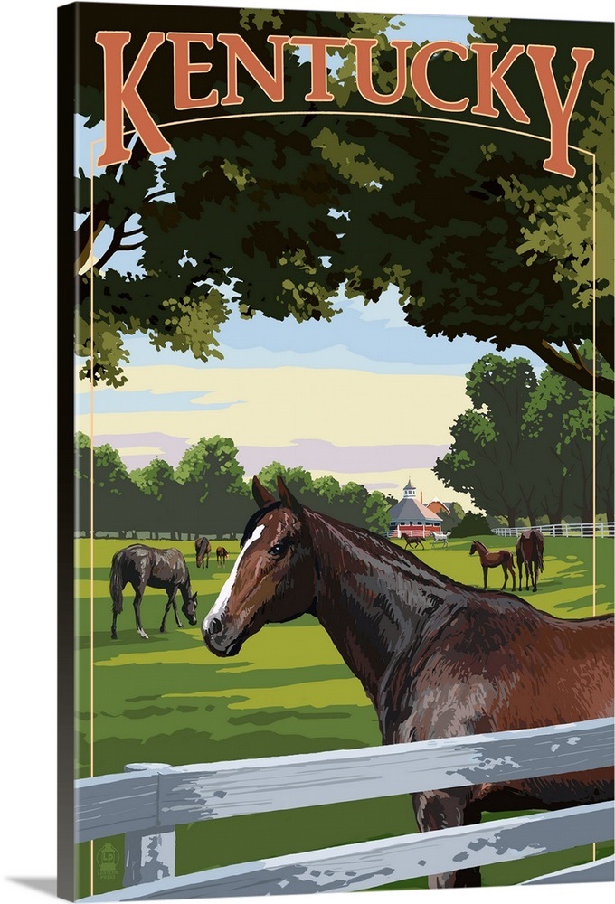 Kentucky Thoroughbred Horses Farm Scene Retro Travel Poster Wall Art