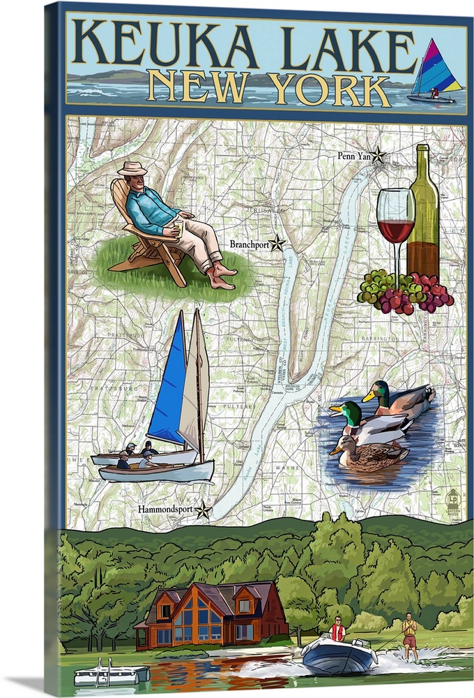 Keuka Lake, New York - Nautical Chart: Retro Travel Poster
