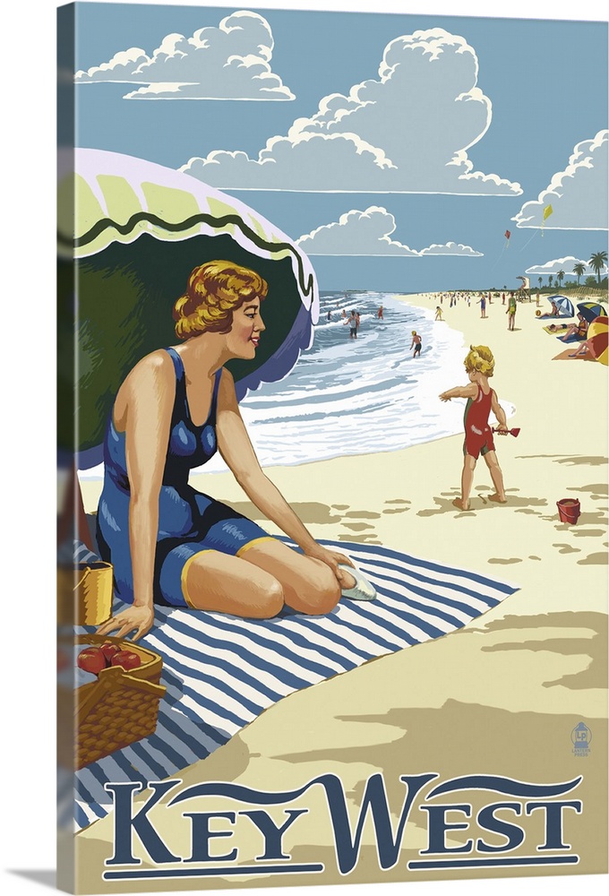 Key West, Florida - Beach Scene: Retro Travel Poster