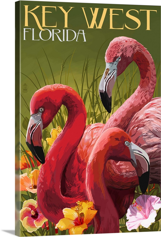 Key West, Florida - Flamingos: Retro Travel Poster