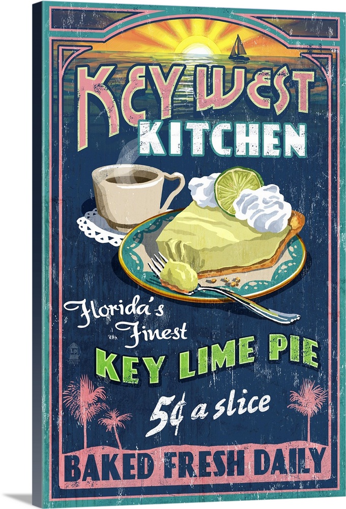 Key West, Florida - Key Lime Pie Vintage Sign: Retro Food Poster