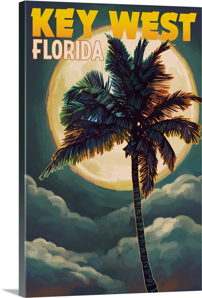 Key West, Florida - Palms and Moon: Retro Travel Poster