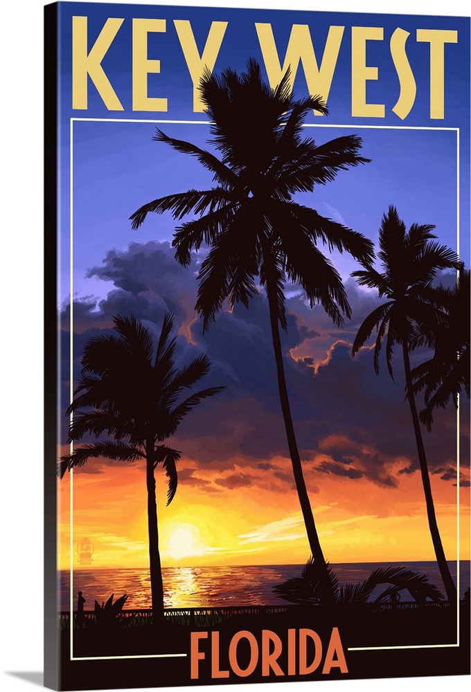 Key West, Florida - Palms and Sunset: Retro Travel Poster