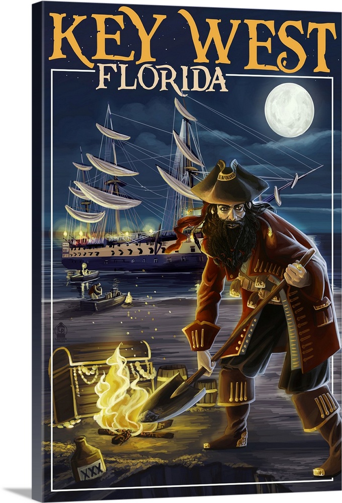 Retro stylized art poster of a pirate standing with a treasure on a beach at night. With a ship in the background.