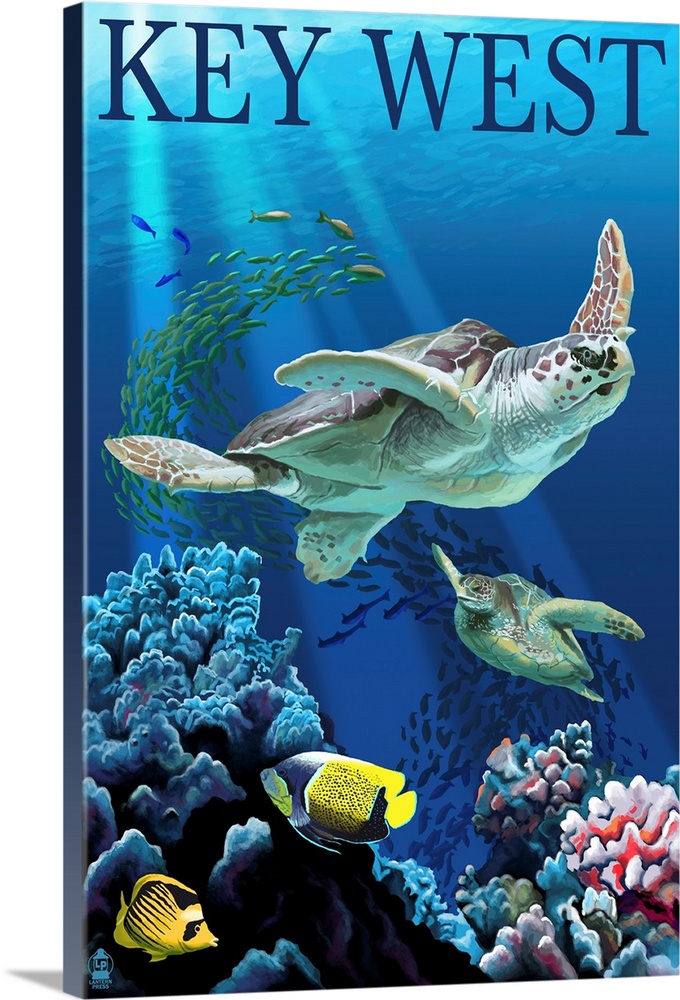 Key West, Florida - Sea Turtles: Retro Travel Poster