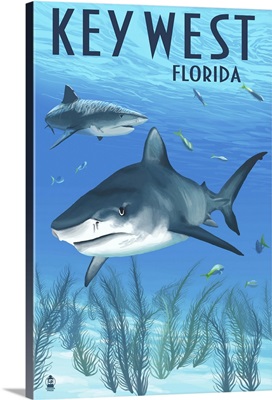 Key West, Florida - Sharks : Retro Travel Poster