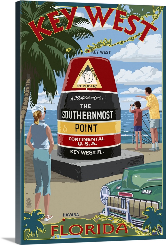 Key West, Florida - Southernmost Point: Retro Travel Poster