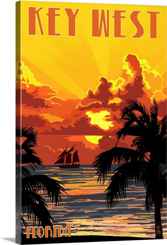 Key West, Florida - Sunset and Ship: Retro Travel Poster
