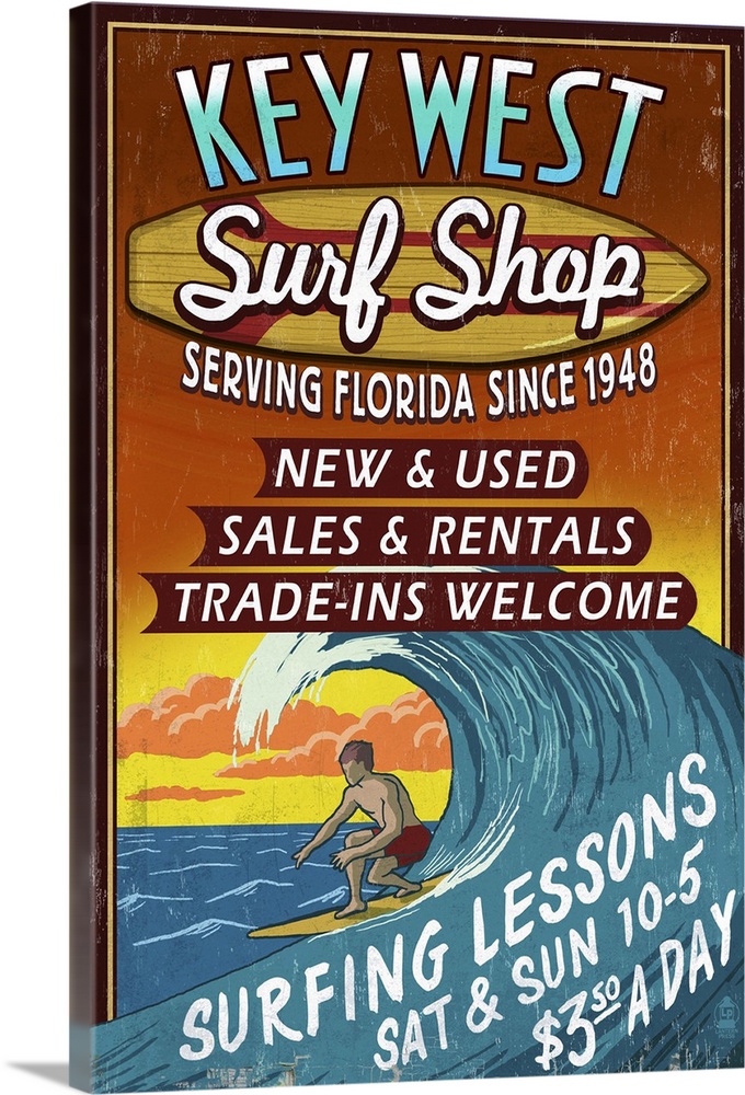 Key West, Florida - Surf Shop Vintage Sign: Retro Travel Poster