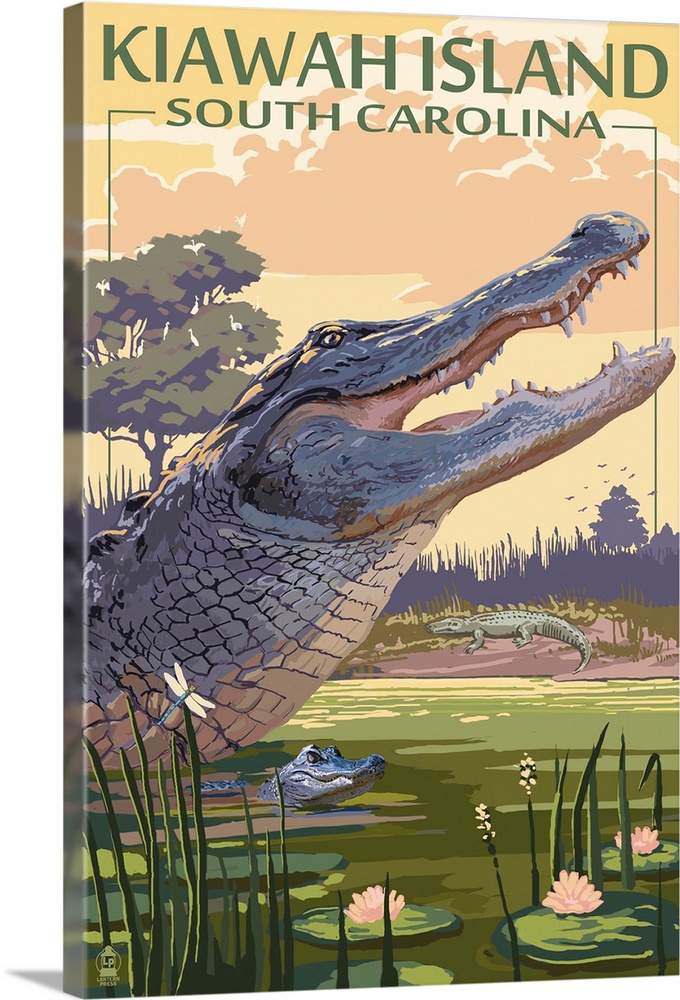 Kiawah Island, South Carolina - Alligator Scene: Retro Travel Poster