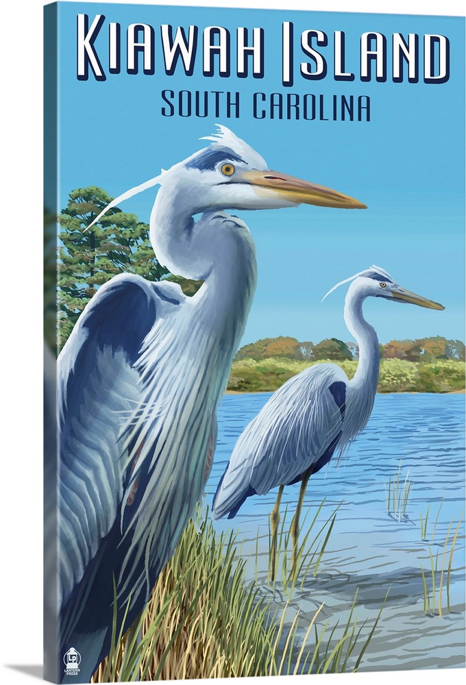 Kiawah Island, South Carolina - Blue Herons: Retro Travel Poster