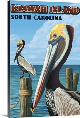 Kiawah Island, South Carolina - Pelicans: Retro Travel Poster