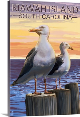 Kiawah Island, South Carolina - Seagulls: Retro Travel Poster