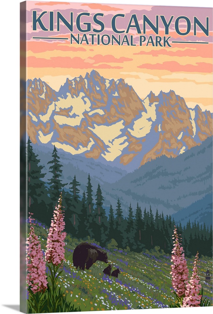 Kings Canyon National Park - Bear Family and Spring Flowers: Retro Travel Poster
