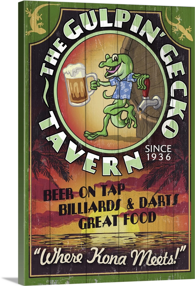 Retro stylized art poster of sign for a beer, with an illustrated gecko holding a beer mug.
