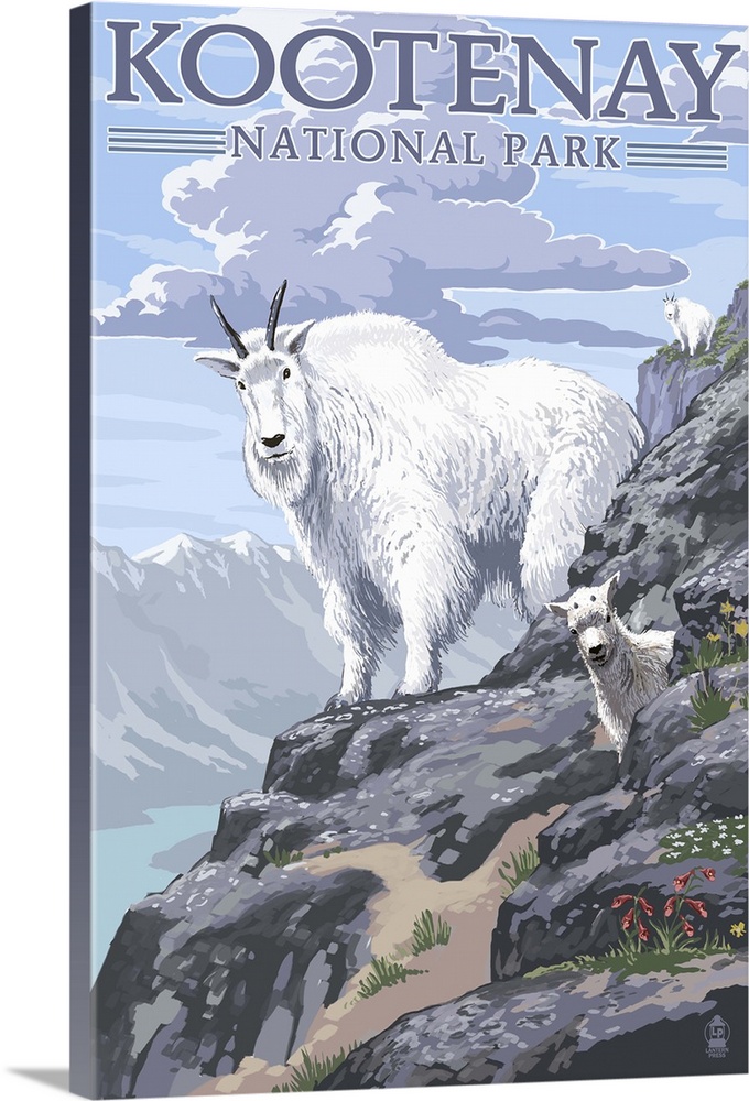 Kootenay National Park, Canada - Mountain Goat and Kid: Retro Travel Poster