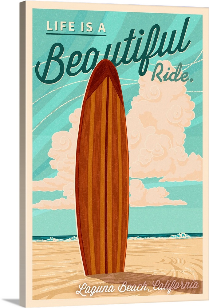 Laguna Beach, California, Life is a Beautiful Ride, Surfboard, Letterpress