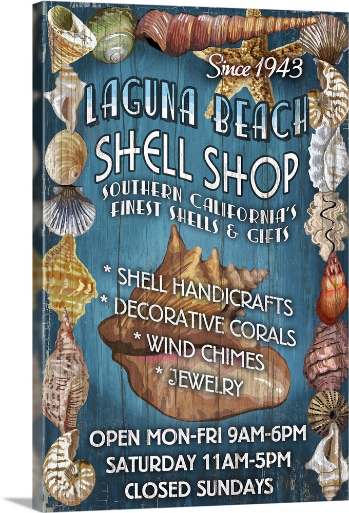 Laguna Beach, California - Shell Shop Vintage Sign: Retro Travel Poster
