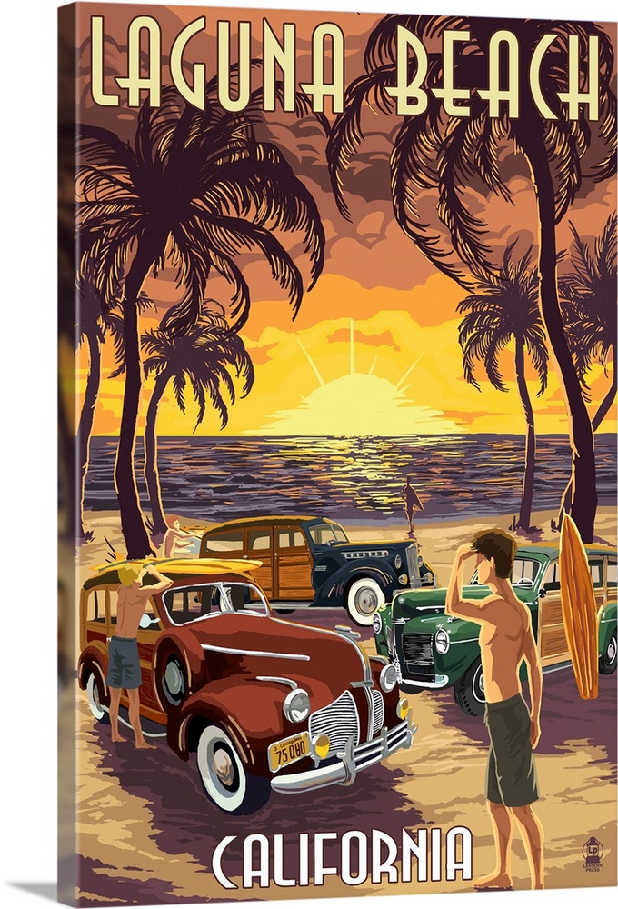 Laguna Beach, California - Woodies and Sunset: Retro Travel Poster