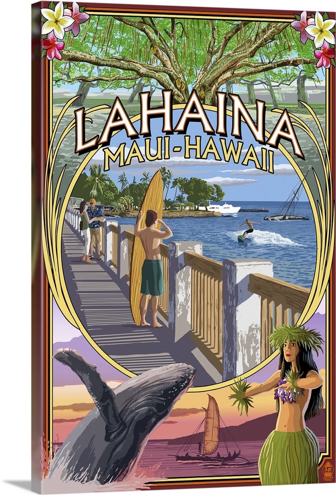 Lahaina, Maui, Hawaii Town Scenes Montage Retro Travel Poster Wall