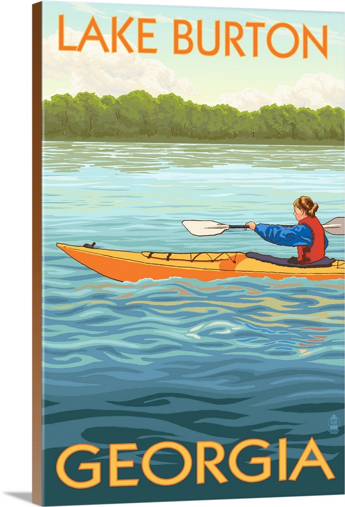 Retro stylized art poster of a woman in a kayak paddling in clear blue water.